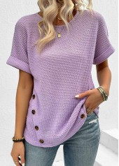Button Light Purple Short Sleeve Round Neck T Shirt
