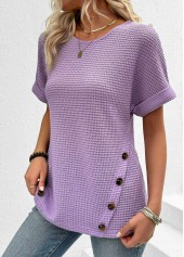 Button Light Purple Short Sleeve Round Neck T Shirt