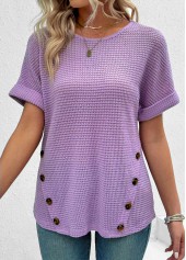 Button Light Purple Short Sleeve Round Neck T Shirt