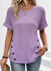 Button Light Purple Short Sleeve Round Neck T Shirt