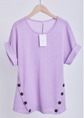 Button Light Purple Short Sleeve Round Neck T Shirt
