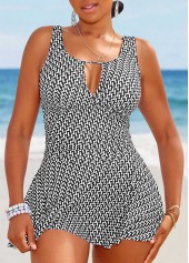 Geometric Print Cut Out Black One Piece Swimdress