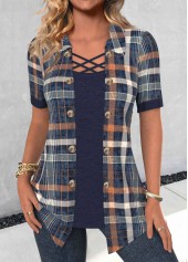 Plaid Fake 2in1 Navy Short Sleeve Shirt