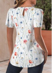 Floral Print Cut Out White Short Sleeve Blouse