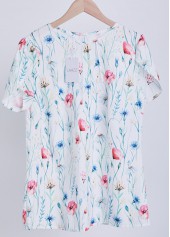 Floral Print Cut Out White Short Sleeve Blouse