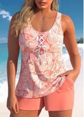 Paisley Print Lace Up Dusty Pink Tankini Set