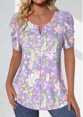 Ditsy Floral Print Textured Fabric Light Purple T Shirt