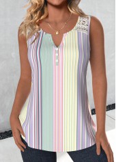 Striped Lace Multi Color Sleeveless Split Neck Tank Top