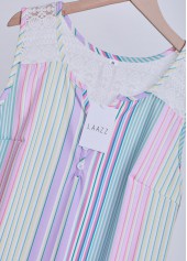 Striped Lace Multi Color Sleeveless Split Neck Tank Top