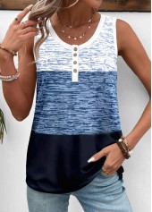 Geometric Print Patchwork Blue Sleeveless Round Neck Tank Top