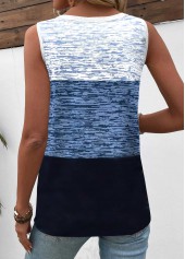 Geometric Print Patchwork Blue Sleeveless Round Neck Tank Top