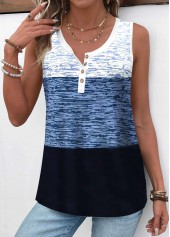 Geometric Print Patchwork Blue Sleeveless Round Neck Tank Top