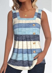 Plus Size Light Blue Button Striped Sleeveless Tank Top