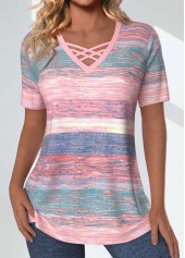 Striped Criss Cross Pink Short Sleeve T Shirt