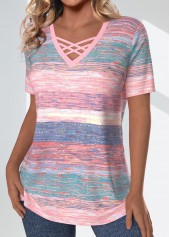Striped Criss Cross Pink Short Sleeve T Shirt