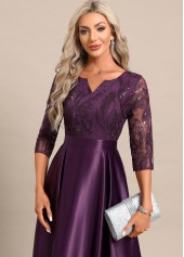 Lace Dark Reddish Purple Maxi 3/4 Sleeve Dress