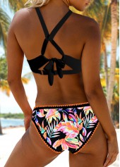 Leaf Print Criss Cross Black Bikini Set