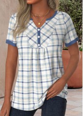 Plaid Button Blue Short Sleeve Split Neck T Shirt
