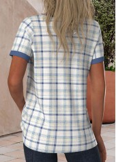 Plaid Button Blue Short Sleeve Split Neck T Shirt
