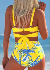 Tropical Plants Print Surplice Yellow Bikini Set