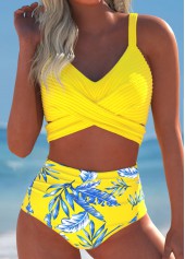 Tropical Plants Print Surplice Yellow Bikini Set