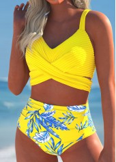 Tropical Plants Print Surplice Yellow Bikini Set