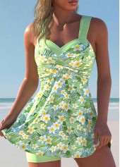 Floral Print Surplice Light Green Swimdress and Shorts