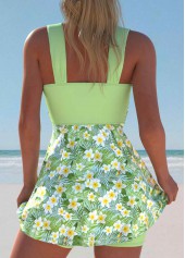 Floral Print Surplice Light Green Swimdress and Shorts