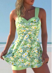 Floral Print Surplice Light Green Swimdress and Shorts