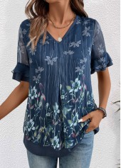 Floral Print Layered Navy Short Sleeve V Neck Blouse