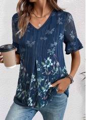 Floral Print Layered Navy Short Sleeve V Neck Blouse