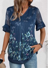 Floral Print Layered Navy Short Sleeve V Neck Blouse