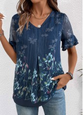 Floral Print Layered Navy Short Sleeve V Neck Blouse