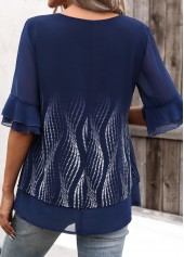 Ombre Layered Navy Half Sleeve Round Neck Blouse