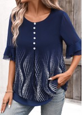 Ombre Layered Navy Half Sleeve Round Neck Blouse