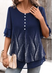 Ombre Layered Navy Half Sleeve Round Neck Blouse