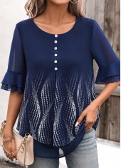 Ombre Layered Navy Half Sleeve Round Neck Blouse