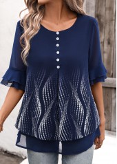 Ombre Layered Navy Half Sleeve Round Neck Blouse