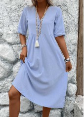 Patchwork Light Blue Half Sleeve V Neck Dress