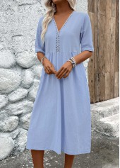 Patchwork Light Blue Half Sleeve V Neck Dress