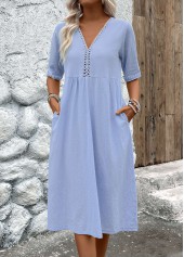 Patchwork Light Blue Half Sleeve V Neck Dress