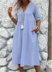 Patchwork Light Blue Half Sleeve V Neck Dress