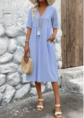 Patchwork Light Blue Half Sleeve V Neck Dress