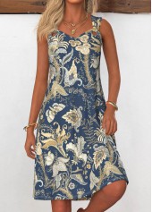 Tribal Print Grommet Navy A Line Sleeveless Dress