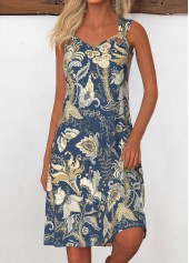 Tribal Print Grommet Navy A Line Sleeveless Dress