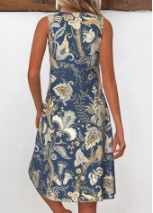 Tribal Print Grommet Navy A Line Sleeveless Dress