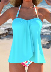 Floral Print Cross Hem Cyan Tankini Set