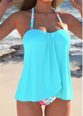 Floral Print Cross Hem Cyan Tankini Set