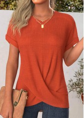 Cross Hem Terracotta Short Sleeve Round Neck T Shirt