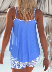 Ditsy Floral Print Contrast Binding Blue Tankini Set